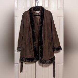 Nine West Womens Evening Coat Brown Lined Faux Fur Trim Shawl Collar Pockets
